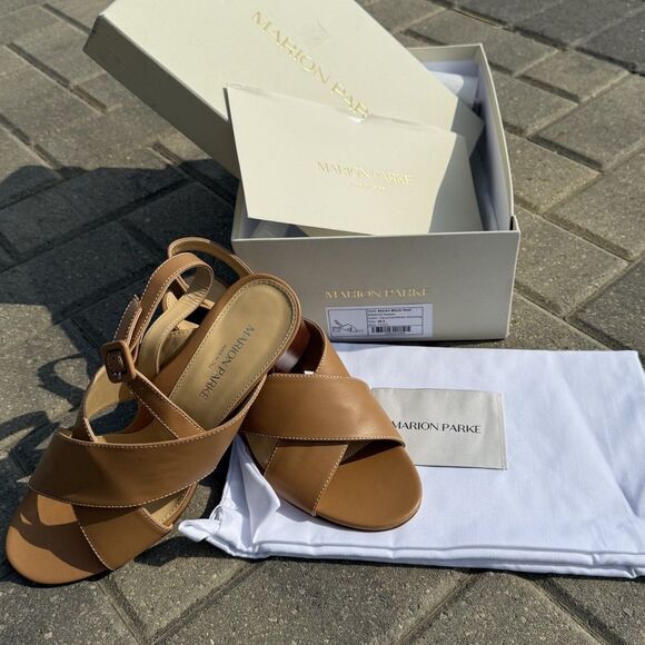 Marion Parke Maren Block Heel Napa Caramel White Stitching NIB $595 Size US 8.5 - Picture 9 of 11